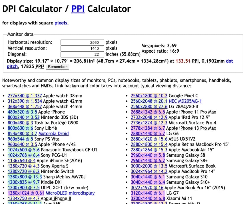 Calculadora DPI/PPI.